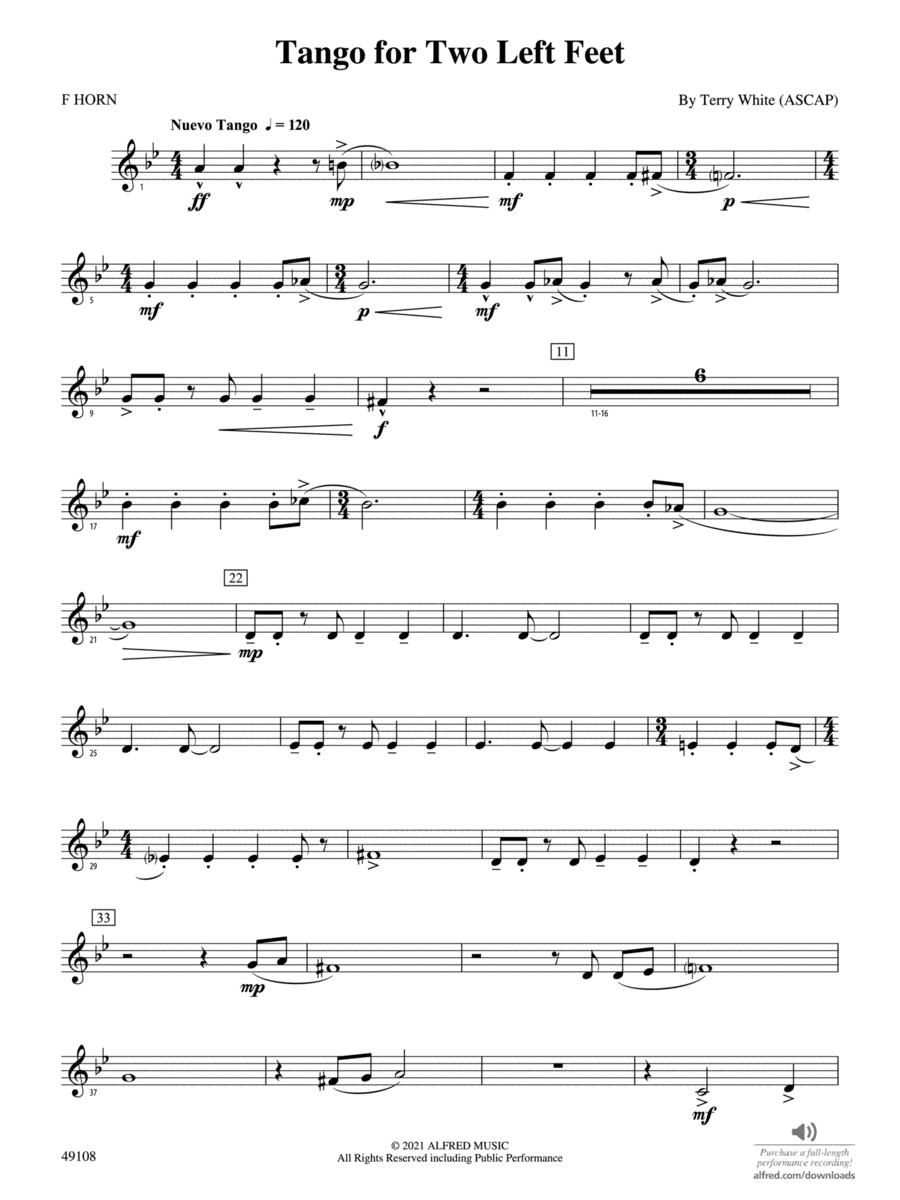 Tango for Two Left Feet: 1st F Horn Concert Band scores gallery preview page 1