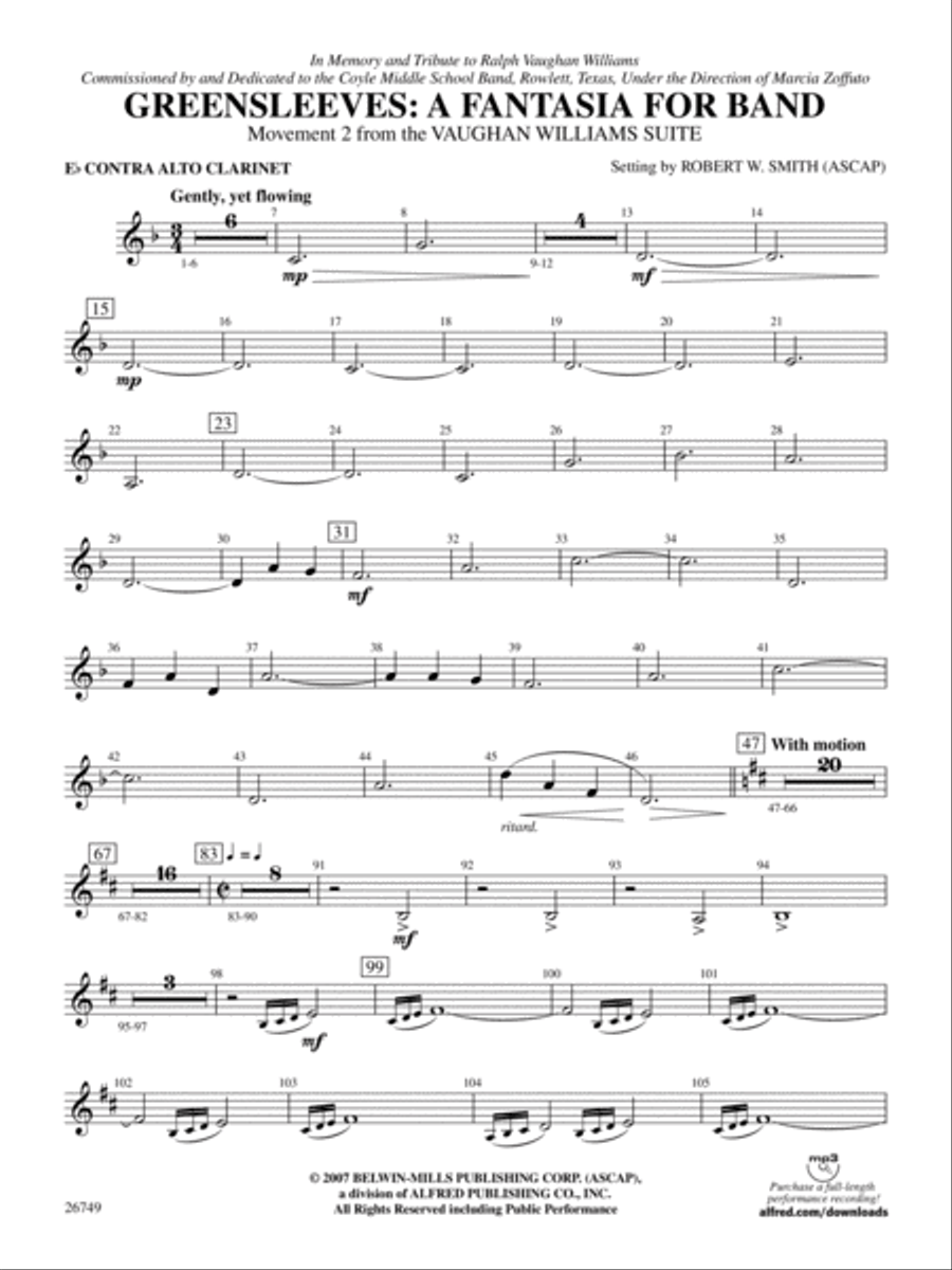 Greensleeves: A Fantasia for Band: E-flat Contra-Alto Clarinet Concert Band scores gallery preview page 1
