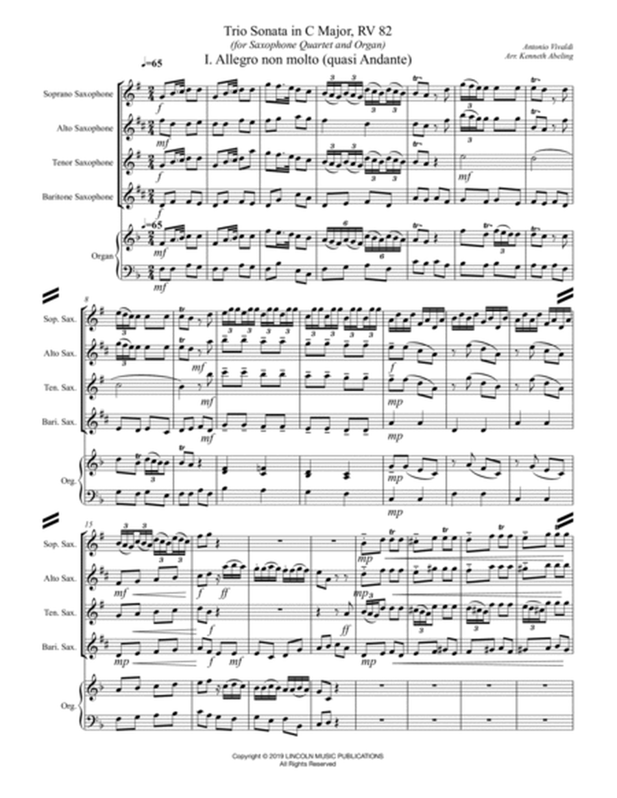 Vivaldi - Trio Sonata in C Major, RV 82 (for Saxophone Quartet SATB or AATB and Optional Organ) image number null