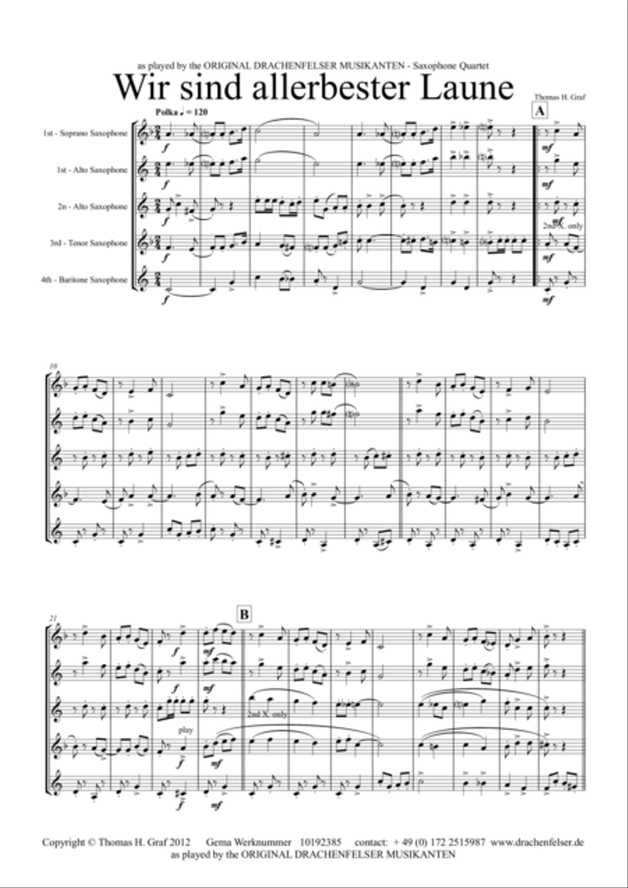 Allerbester Laune - German Polka - Saxophone Quartet Saxophone Quartet scores gallery preview page 1