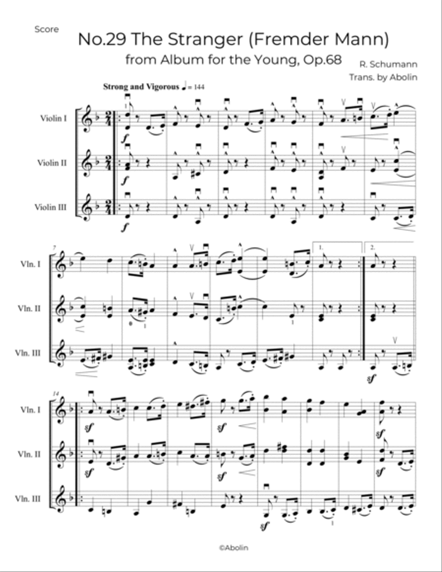 Schumann: The Stranger, from Album for the Young, Op.68 - Violin Trio Chamber Music scores gallery preview page 2