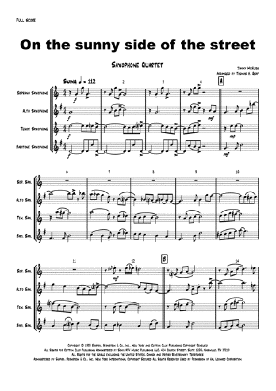 On The Sunny Side Of The Street Saxophone Quartet scores gallery preview page 1