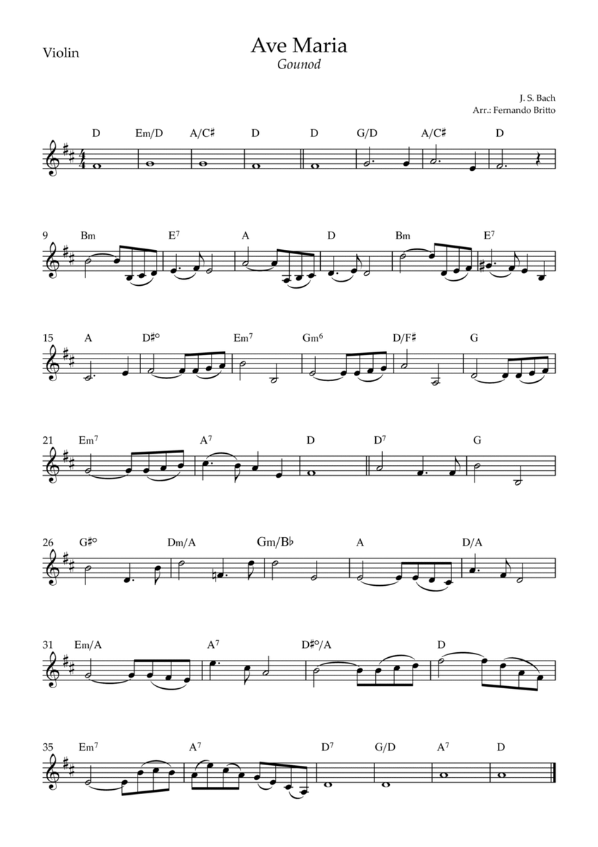 Ave Maria (Gounod) for Violin Solo with Chords (D Major)