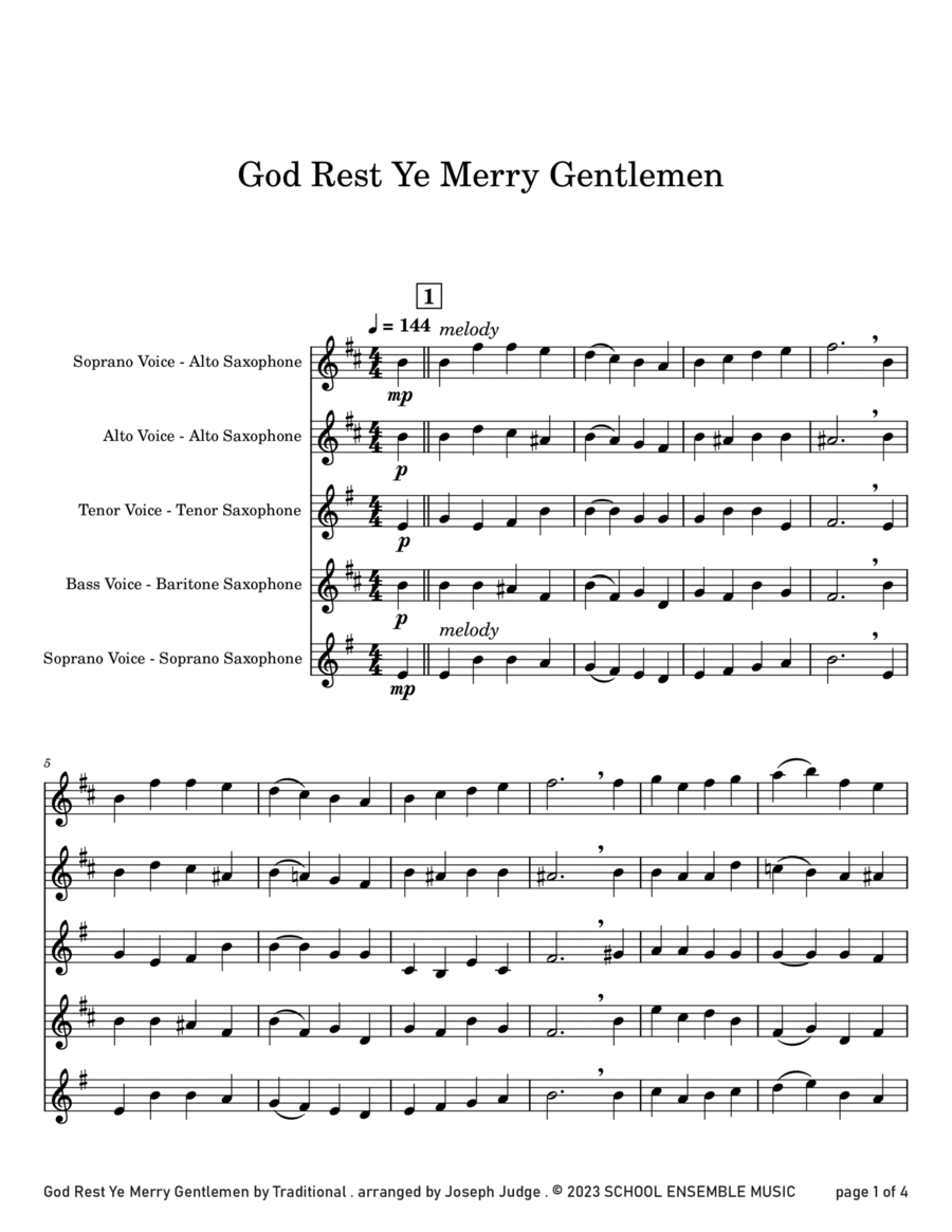 God Rest Ye Merry Gentlemen for Saxophone Quartet in Schools Saxophone Quartet scores gallery preview page 1