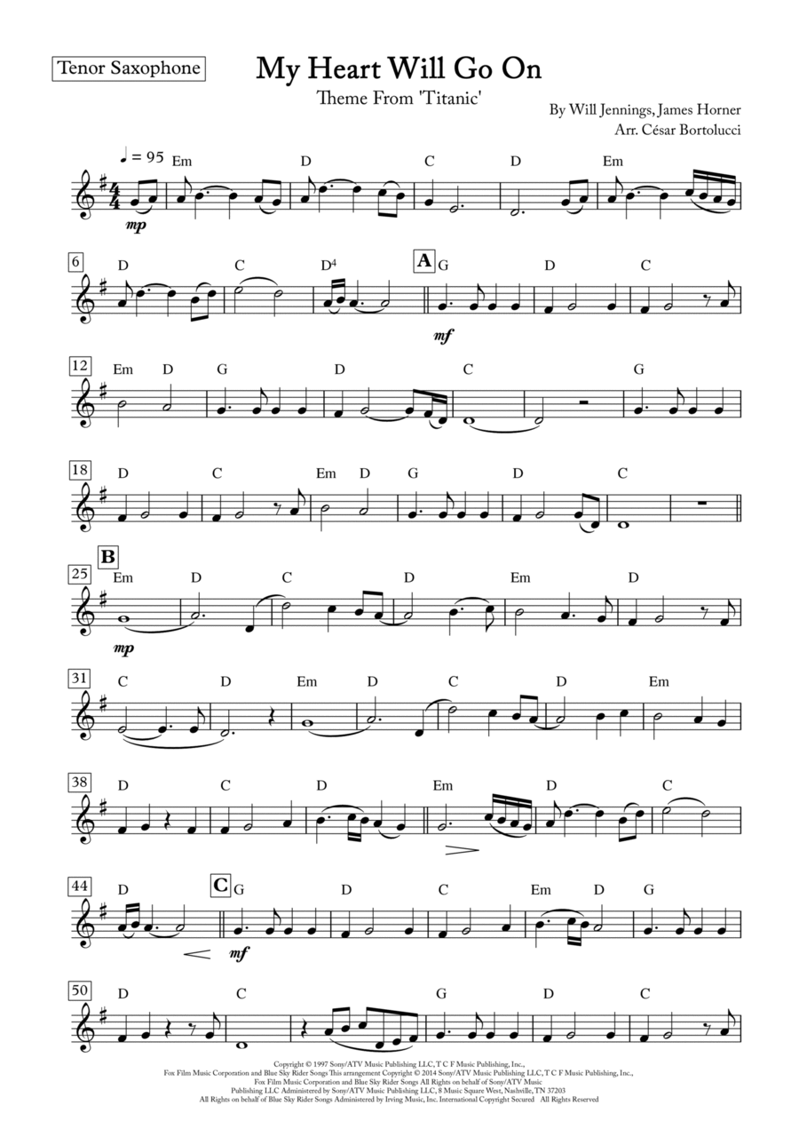My Heart Will Go On love Theme From titanic by James Horner Tenor Saxophone Digital Sheet Music Sheet Music Plus
