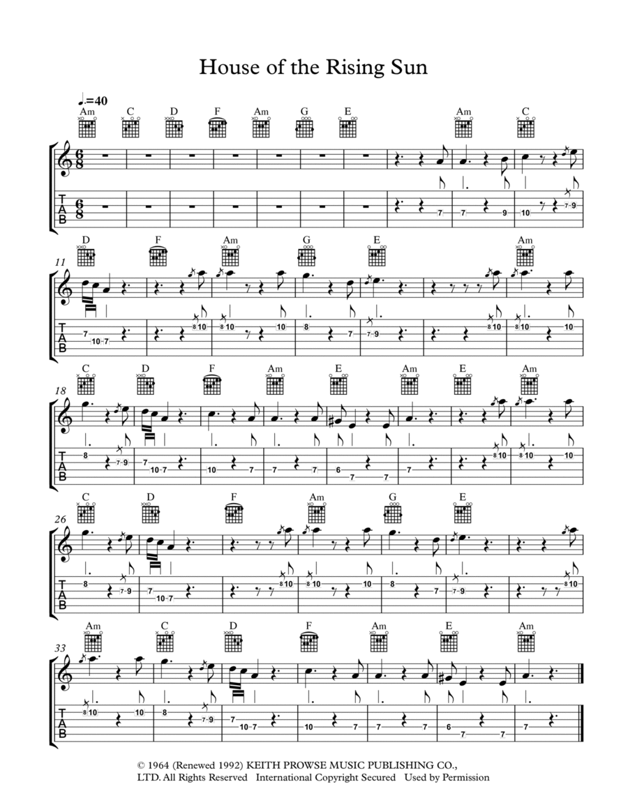 The House Of The Rising Sun Guitar Tablature scores gallery preview page 1