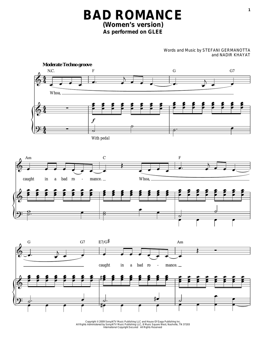 Bad Romance Piano, Vocal scores gallery preview page 1