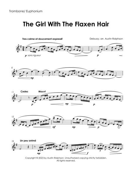 The Girl With The Flaxen Hair (Debussy) - trombone / euphonium and piano with FREE BACKING TRACK image number null