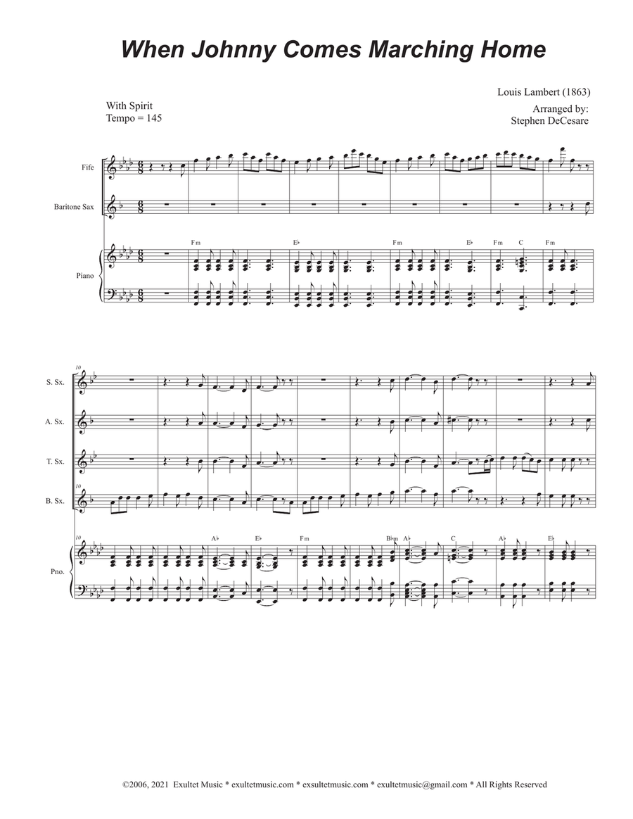When Johnny Comes Marching Home (Saxophone Quartet and Piano) Woodwind Ensemble scores gallery preview page 1