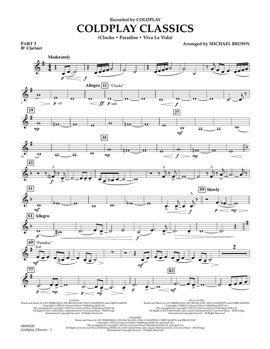Coldplay Classics - Pt.3 - Bb Clarinet