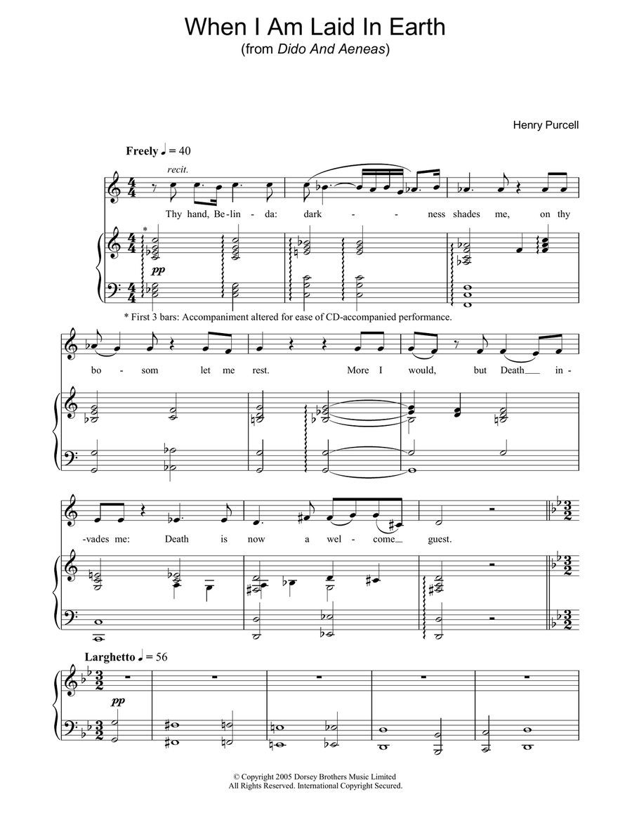 When I Am Laid In Earth (from Dido And Aeneas) Piano, Vocal, Guitar scores gallery preview page 1