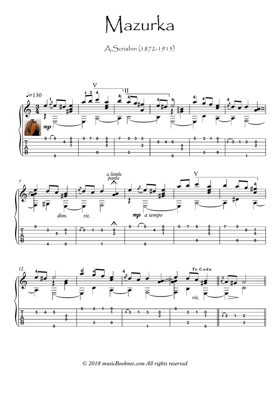 Mazurka by Alexander Scriabin guitar solo Acoustic Guitar scores gallery preview page 1