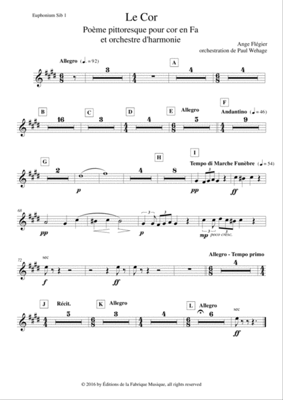 Ange Flégier: Le Cor for solo horn and concert band, Bb euphonium (treble clef) 1 part Concert Band scores gallery preview page 1