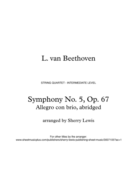 SYMPHONY NO. 5 OP. 67, BEETHOVEN - ALLEGRO CON BRIO, String Quartet, Abridged, Intermediate Level fo image number null