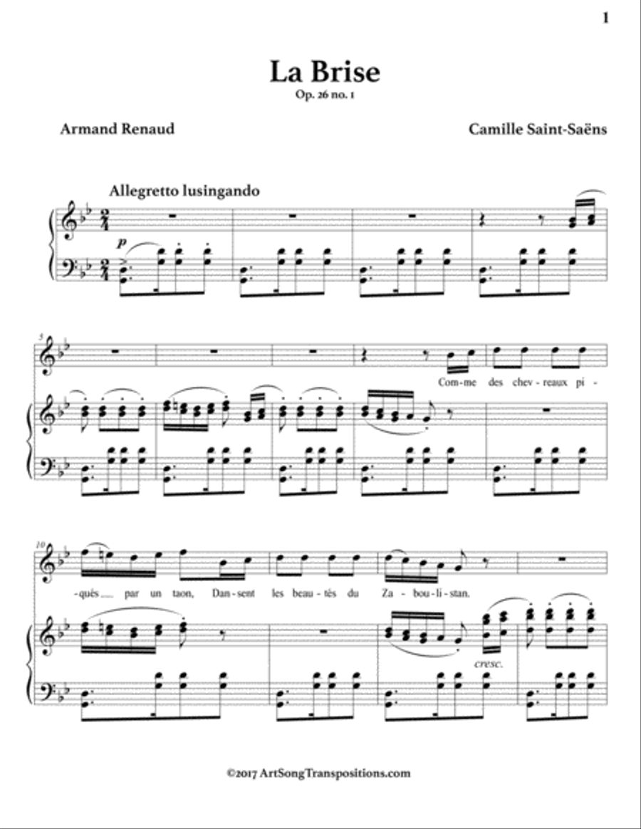 SAINT-SAËNS: La brise, Op. 26 no. 1 (transposed to G minor) Voice scores gallery preview page 2