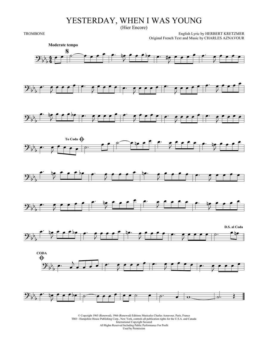 Yesterday, When I Was Young (Hier Encore) Trombone Solo scores gallery preview page 1