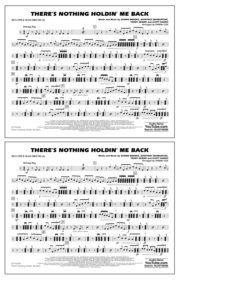 There's Nothing Holdin' Me Back (arr. Ishbah Cox) - Multiple Bass Drums