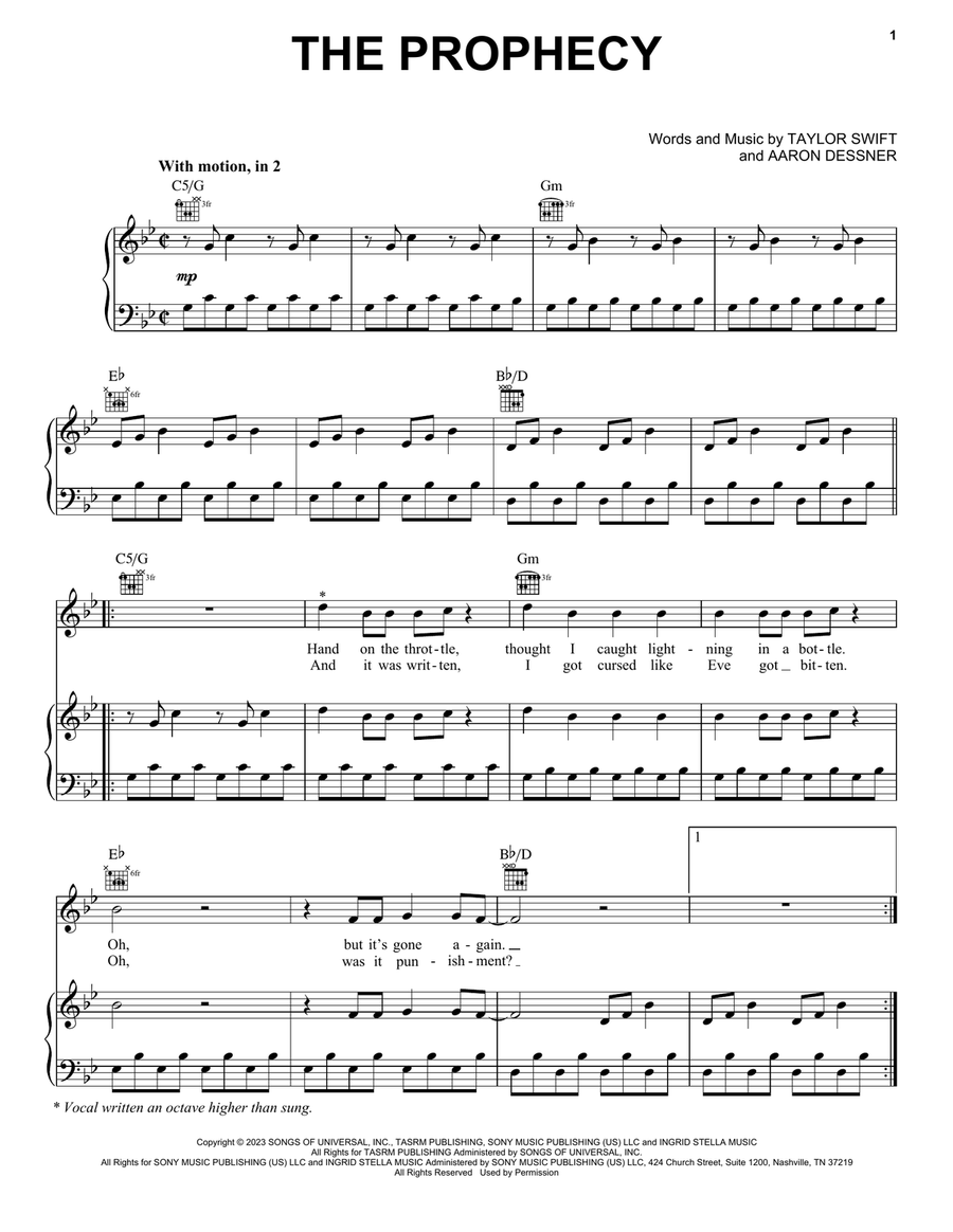 The Prophecy Piano, Vocal, Guitar scores gallery preview page 1