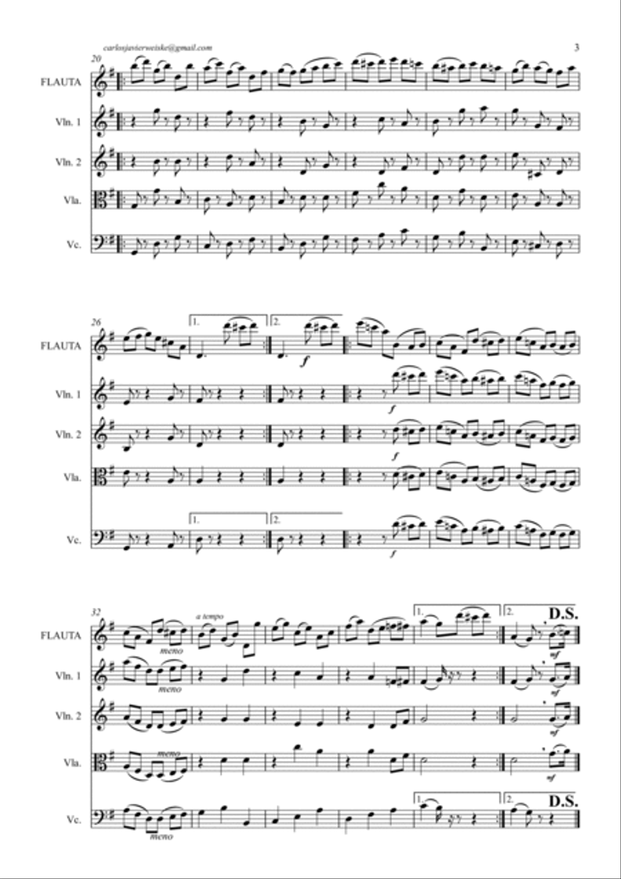Beethoven Minuett in G for flute and string quartet with optional double bass Flute scores gallery preview page 3