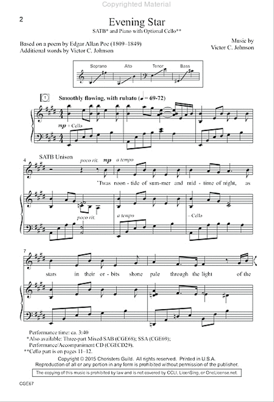 Evening Star (SATB with opt. cello) 4-Part scores gallery preview page 2