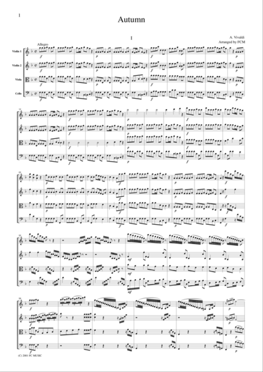Vivaldi Autumn from the Four Seasons, all mvts., for string quartet, CV103 String Quartet scores gallery preview page 1
