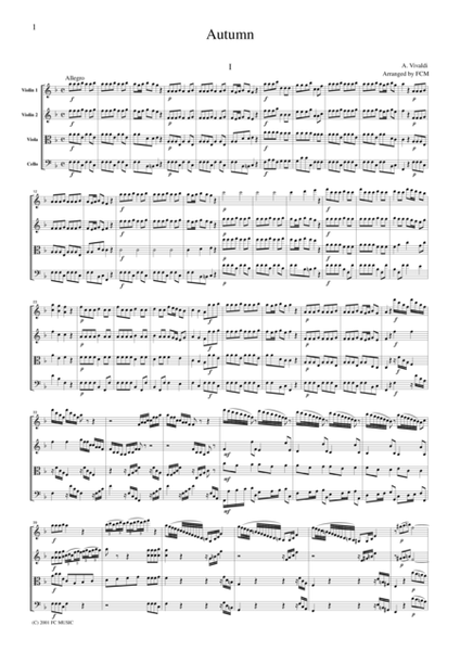 Vivaldi Autumn from the Four Seasons, all mvts., for string quartet, CV103