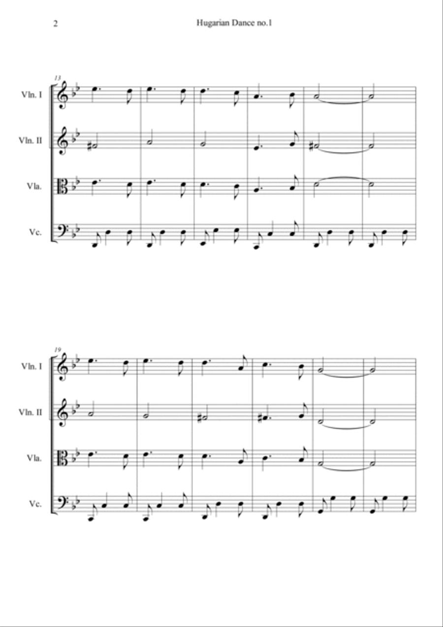 Hungarian Dances No.1 in G minor, Allegro molto String Quartet scores gallery preview page 2