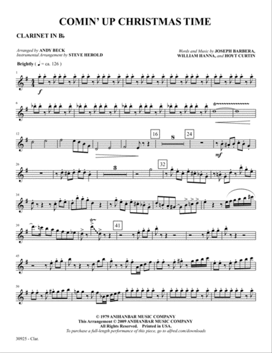 Comin' Up Christmas Time: 1st B-flat Clarinet B-Flat Clarinet scores gallery preview page 1