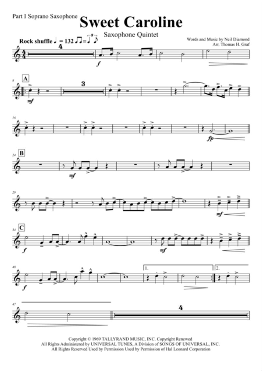 Sweet Caroline Saxophone Quintet scores gallery preview page 6