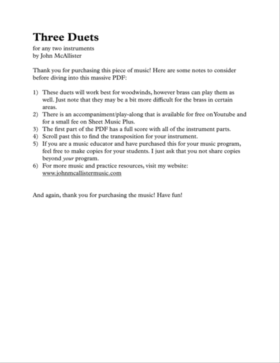 Three Contrasting Duets - For Any Two Wind Instruments Woodwind Ensemble - Digital Sheet Music