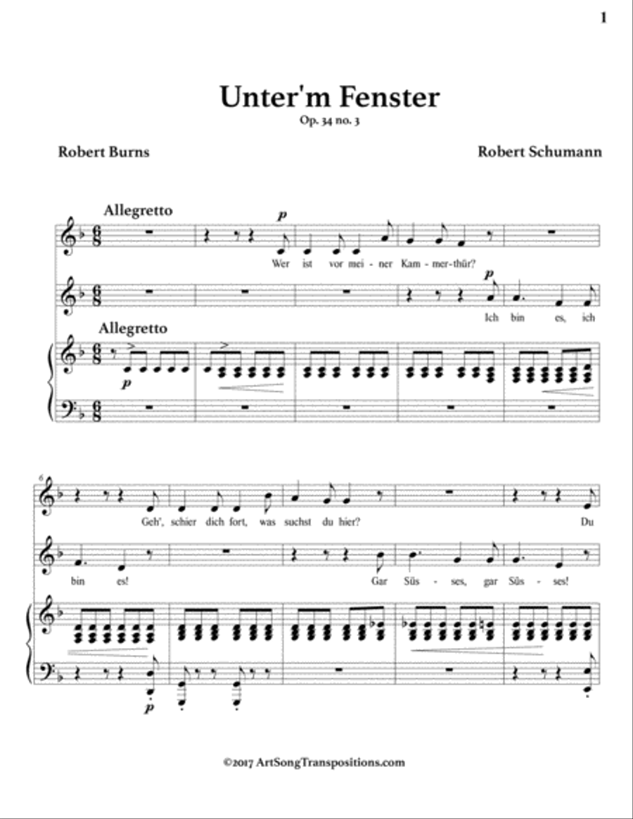 SCHUMANN: Unter'm Fenster, Op. 34 no. 3 (transposed to F major) Voice scores gallery preview page 2