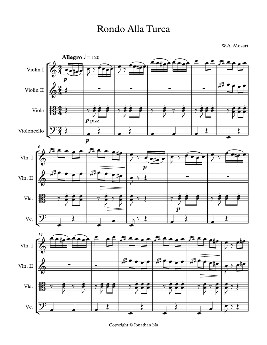 Mozart, Rondo Alla Turca - String Quartet String Quartet scores gallery preview page 1