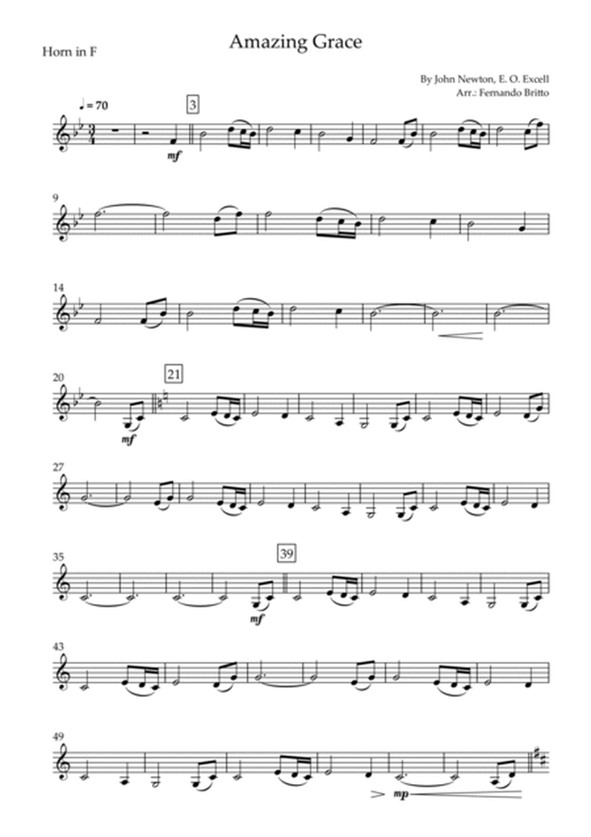 Amazing Grace (John Newton, E. O. Excell) for Horn in F Solo and Piano Accompaniment with Chords image number null