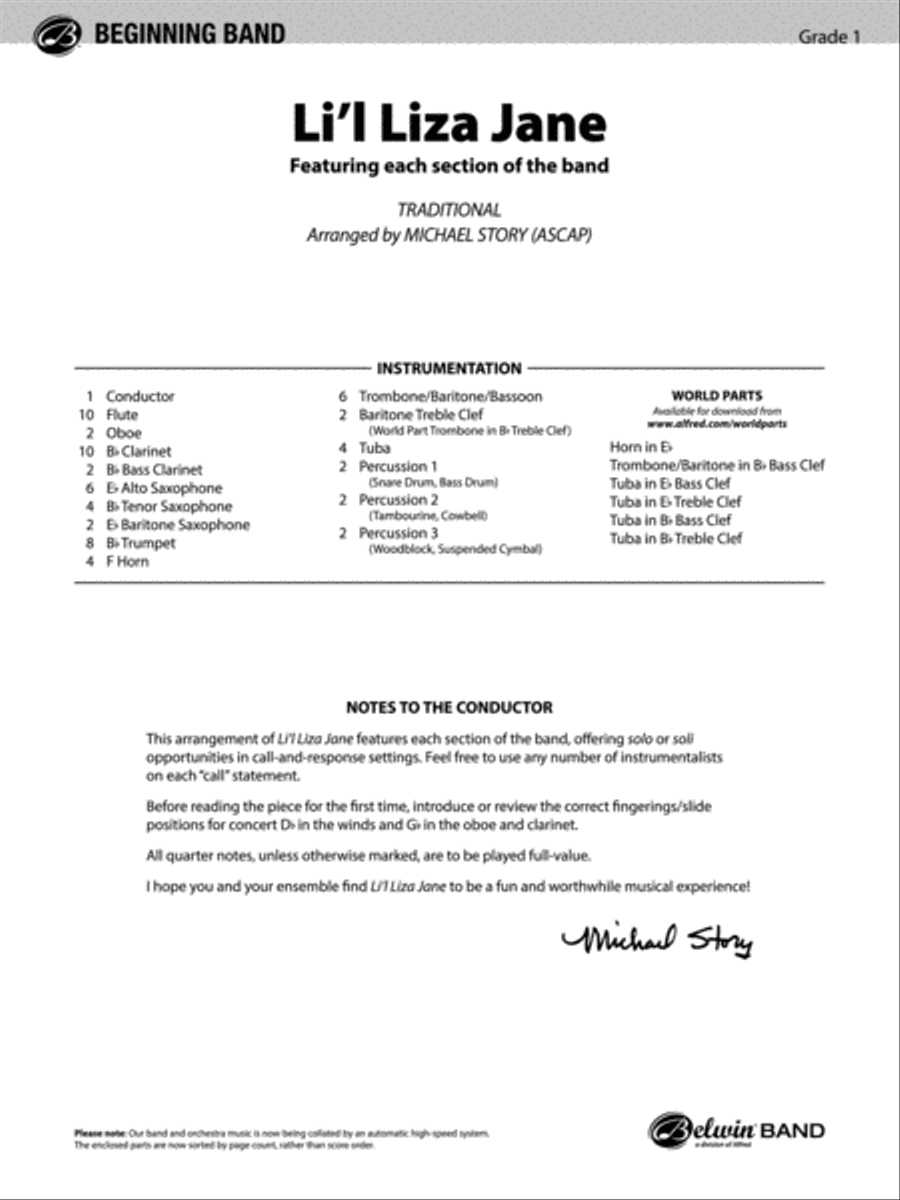 Li'l Liza Jane: Score Li'l Liza Jane: Score Concert Band scores gallery preview page 1
