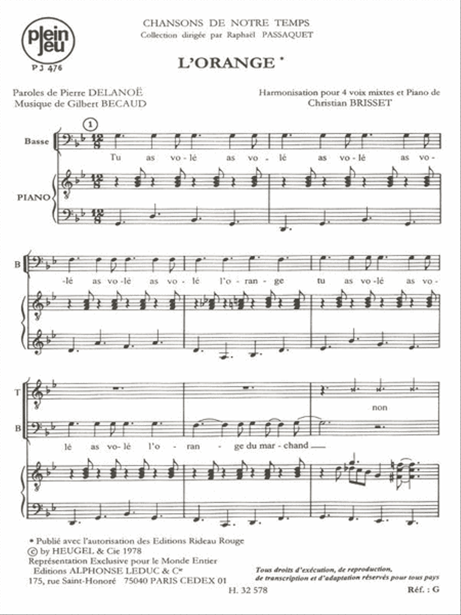 Becaud Delanoe Chansons De Notre Temps Pj476 L'orange 4 Part & Piano 4-Part scores gallery preview page 1