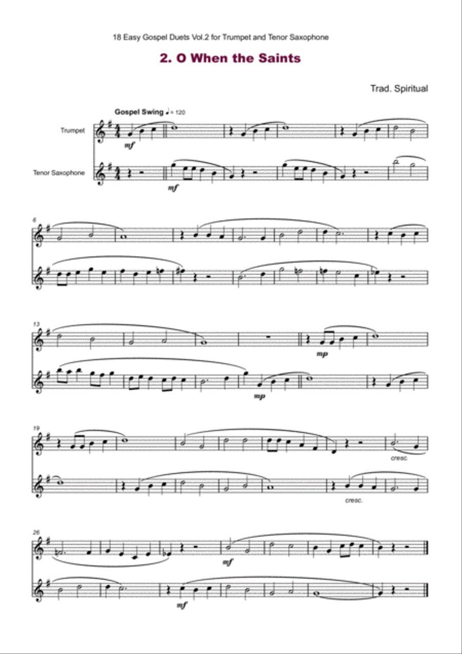 18 Easy Gospel Duets Vol.2 for Trumpet and Tenor Saxophone Tenor Saxophone scores gallery preview page 4
