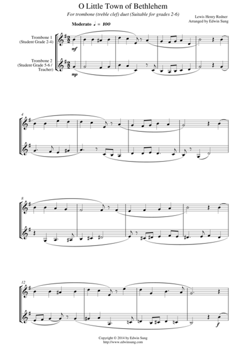 O Little Town of Bethlehem (for trombone duet (treble clef), suitable for grades 2-6) image number null
