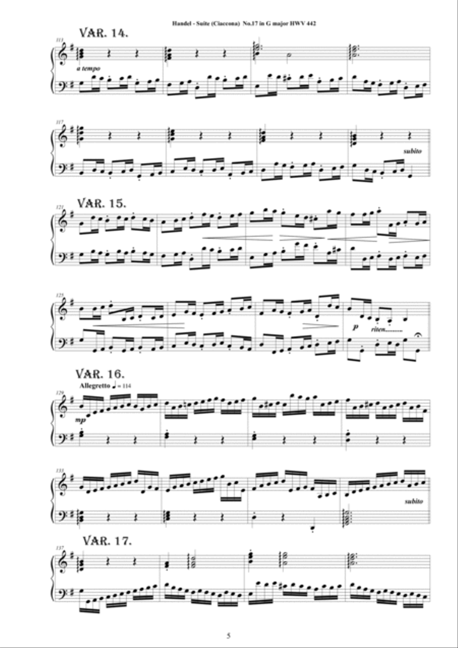 Handel - Piano Suite No.17 (Ciaccona with 62 variations) in G major HWV 442 Piano Solo scores gallery preview page 5