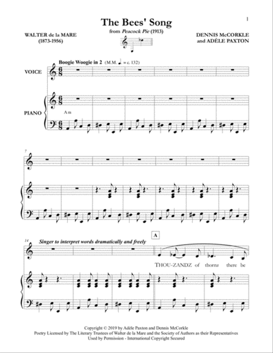 The Bees’ Song - An Original Song Setting of Walter de la Mare's Poetry for VOICE and PIANO: Key A Piano, Vocal, Guitar scores gallery preview page 4