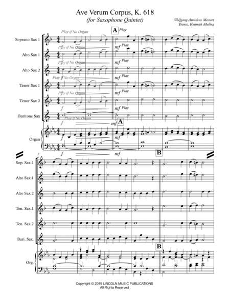 Mozart - Ave Verum Corpus (for Saxophone Quintet SATTB or AATTB and Optional Organ) image number null