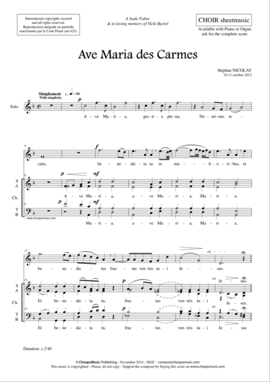 Ave Maria des Carmes (choir sheet music) 4-Part scores gallery preview page 1