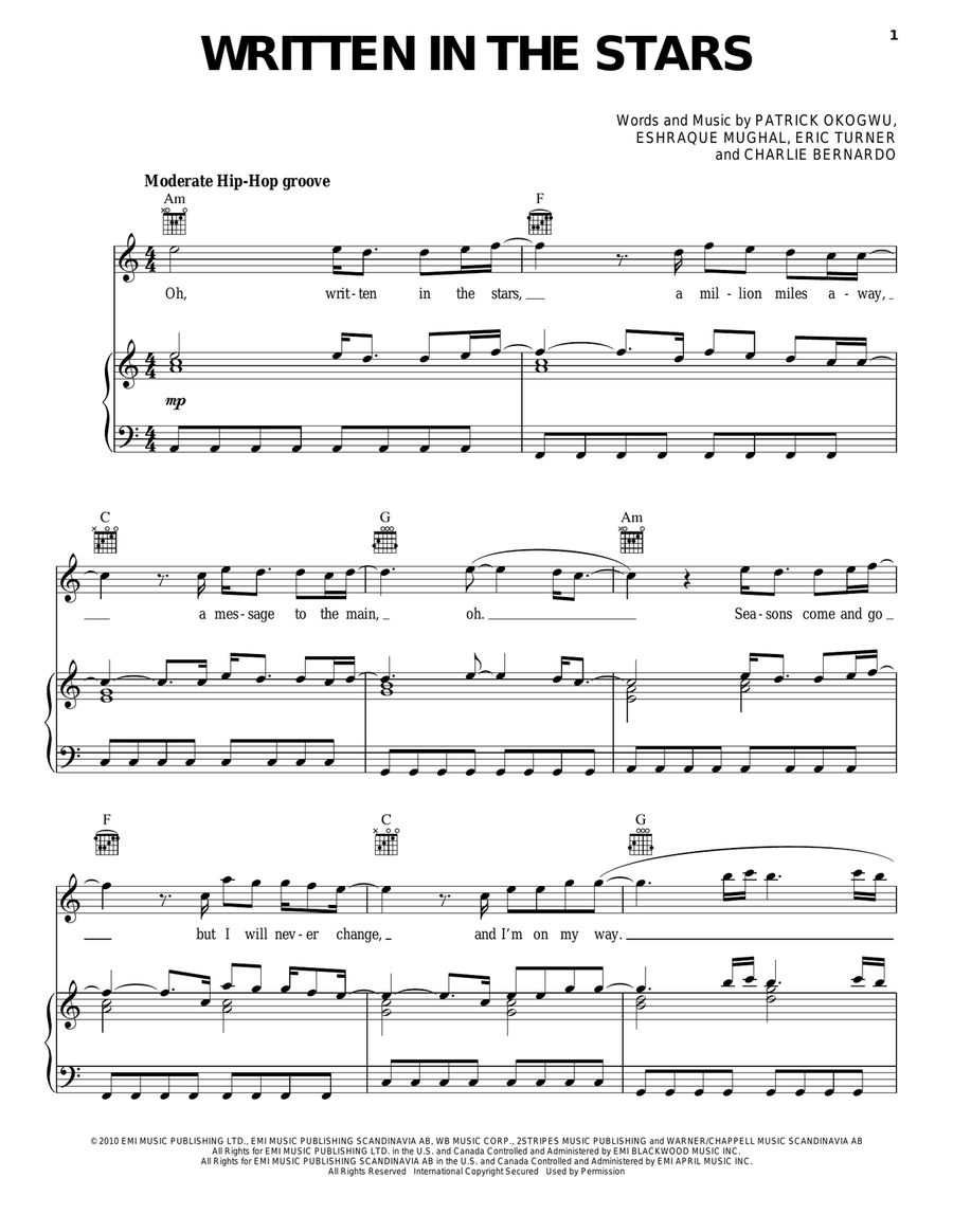 Written In The Stars Piano, Vocal, Guitar scores gallery preview page 1