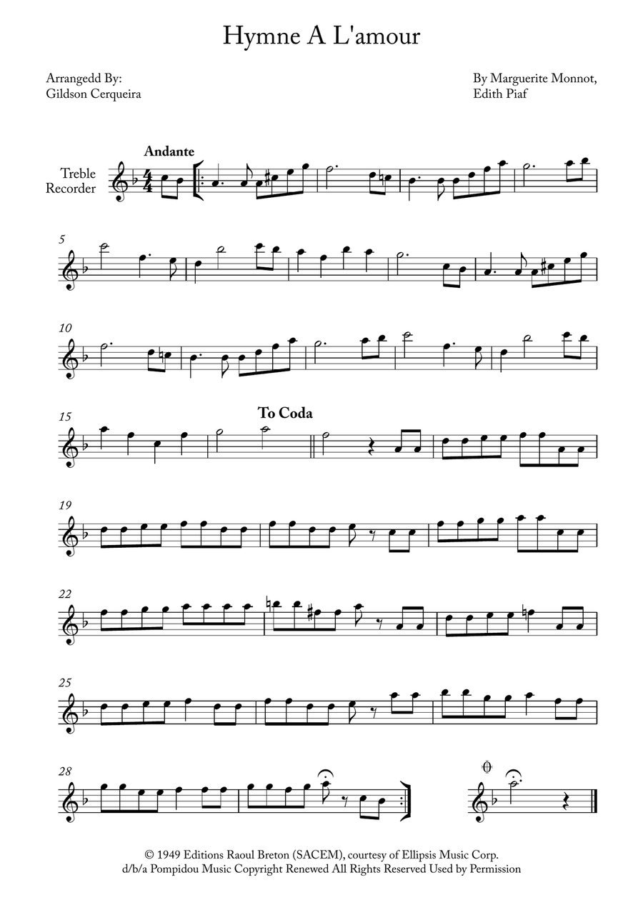 Hymne A L'amour Alto Recorder scores gallery preview page 1