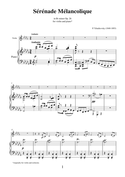 Serenade Melancolique by Pyotr Ilyich Tchaikovsky, transcription for violin and piano