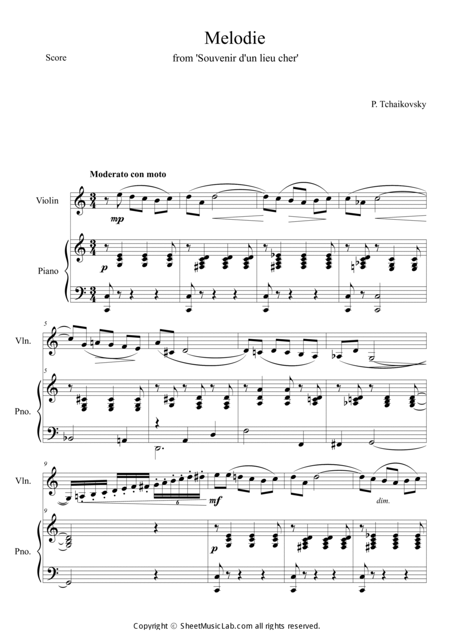 Tchaikovsky: Souvenir d'un lieu cher, Op.42 Melodie (in C) Violin Solo scores gallery preview page 1
