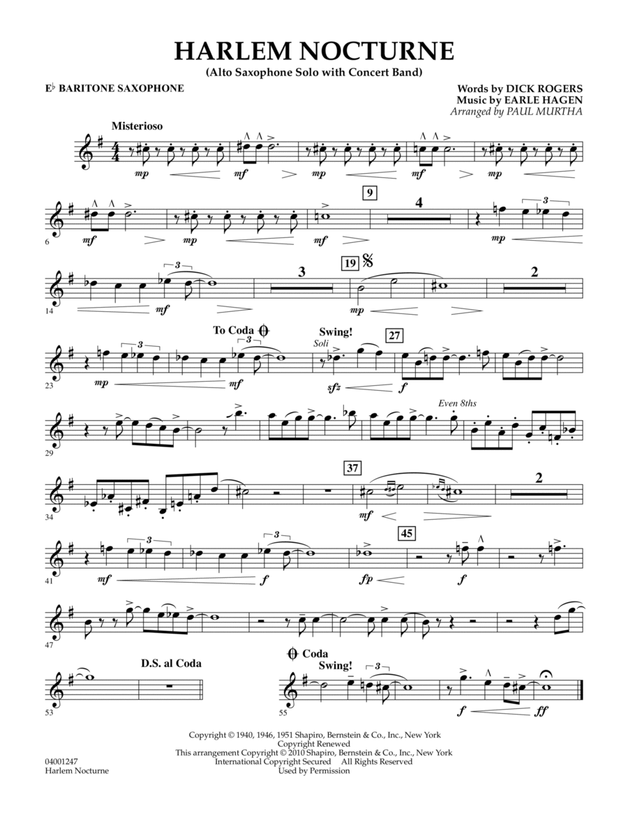 Harlem Nocturne (Alto Sax Solo with Band) - Eb Baritone Saxophone Concert Band scores gallery preview page 1