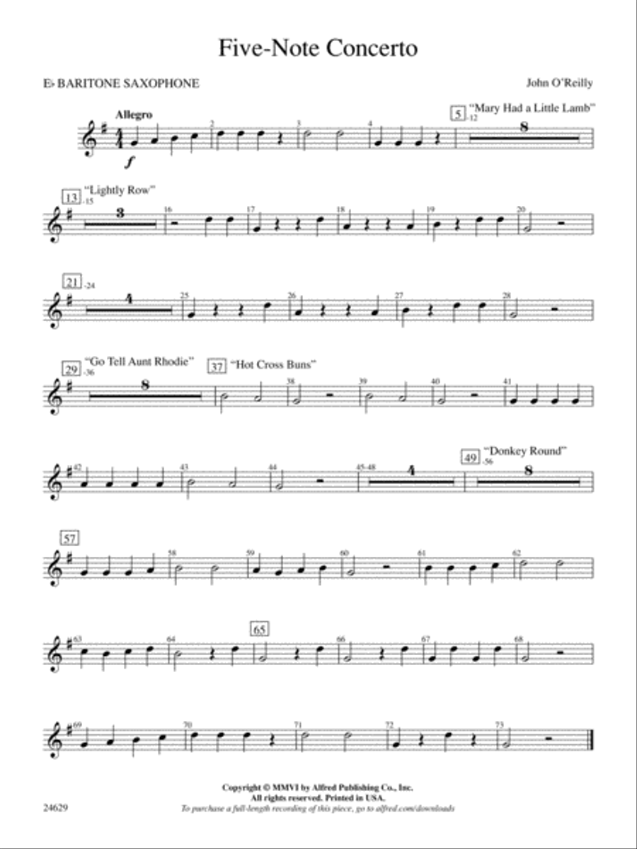 Five-Note Concerto: E-flat Baritone Saxophone Concert Band scores gallery preview page 1