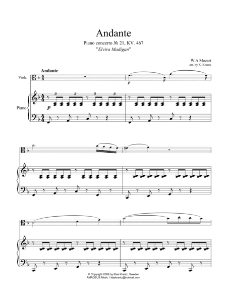 Andante from piano concerto no. 21 (Elvira Madigan) for viola and piano image number null