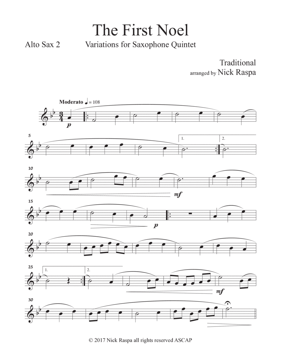 The First Noel - Variations for Sax Quintet (SAATB) Alto Sax 2 part image number null