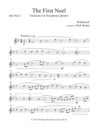 The First Noel - Variations for Sax Quintet (SAATB) Alto Sax 2 part